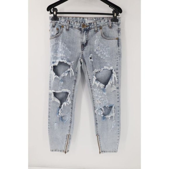 One Teaspoon Women's Size 26 Distressed Ripped Skinny‎ Leg Jeans Ankle Zip blue - Picture 1 of 12